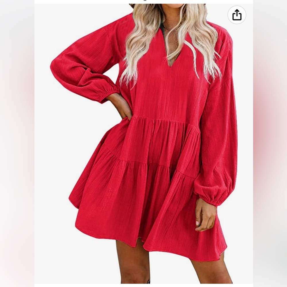 FANCYINN Shift Dress Bell Sleeve Ruffle Hem V Neck Loose Swing Tunic Min…